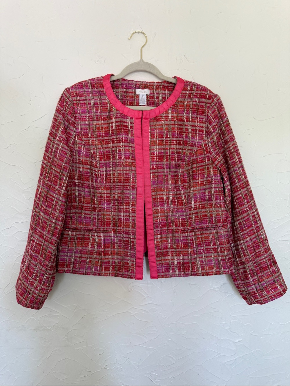 NWT Chico's pink tweed blazer with a pink trim. Size 2